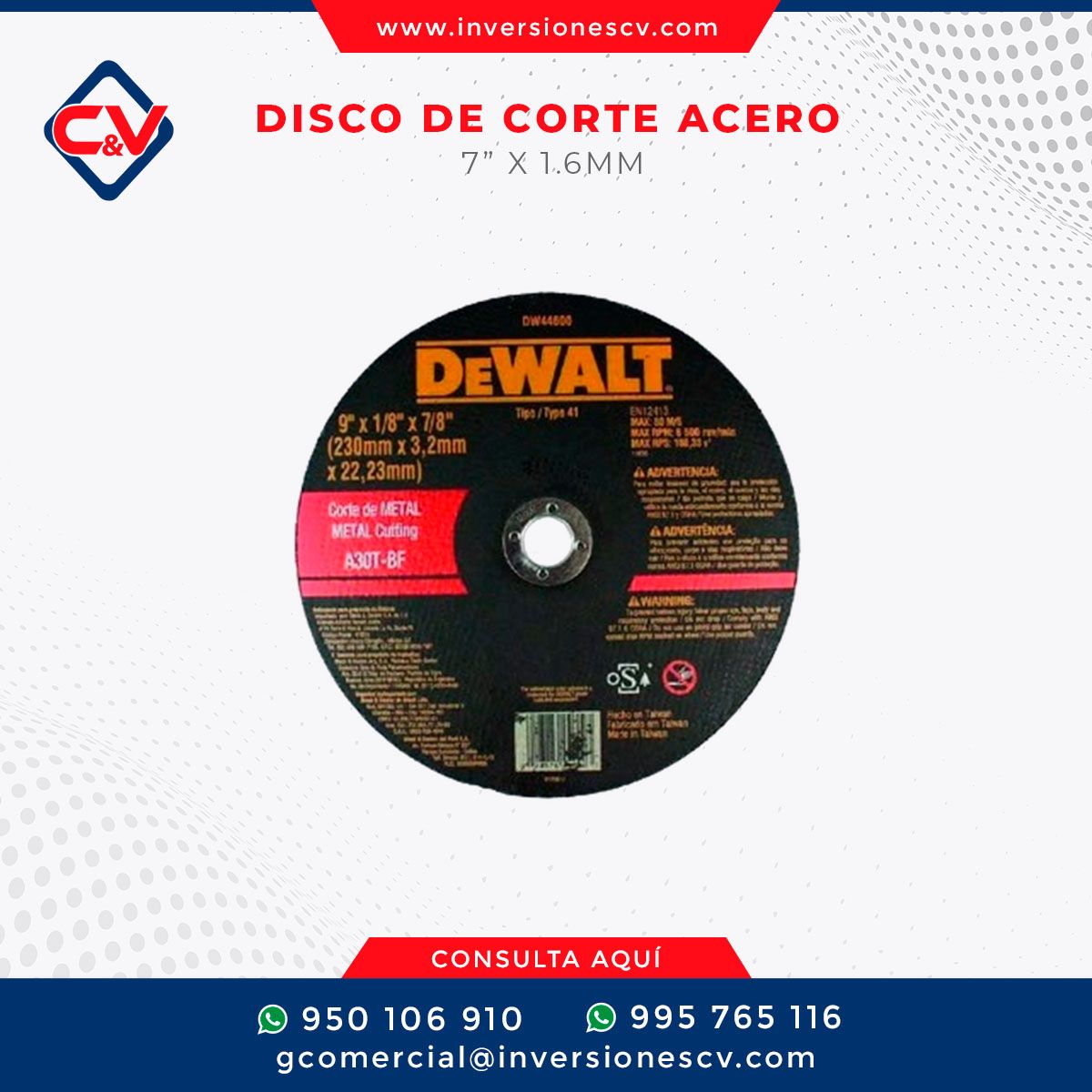 DISCO DE CORTE PARA ACERO 7” x 1.6mm DEWALT